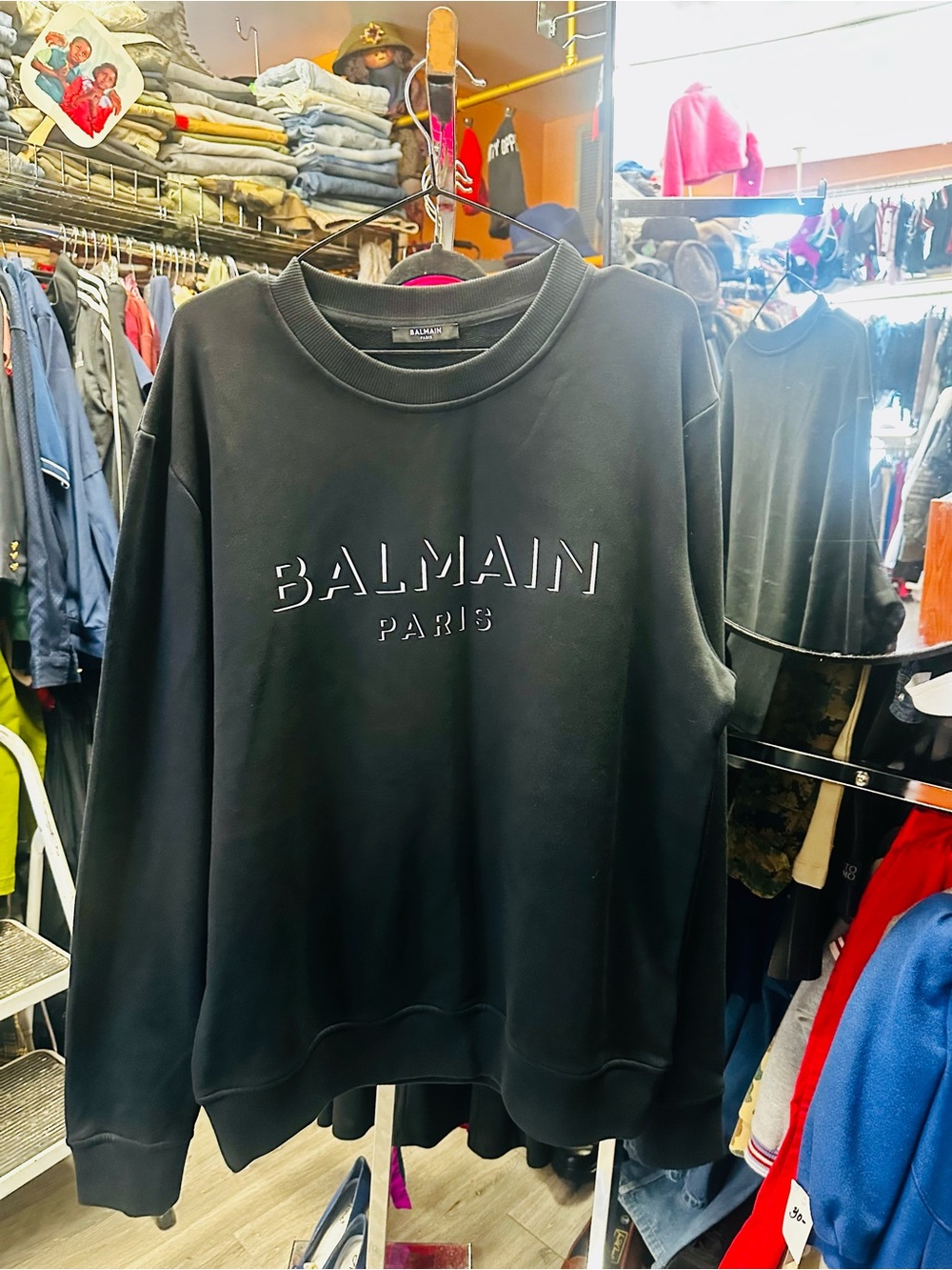 Balmain Black Crewneck Sweatshirt with Embossed Logo